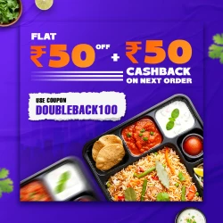 Flat 50 Rs Off and 50 Rs Cashback on Next Order with RailRestro Coupon DOUBLEBACK100